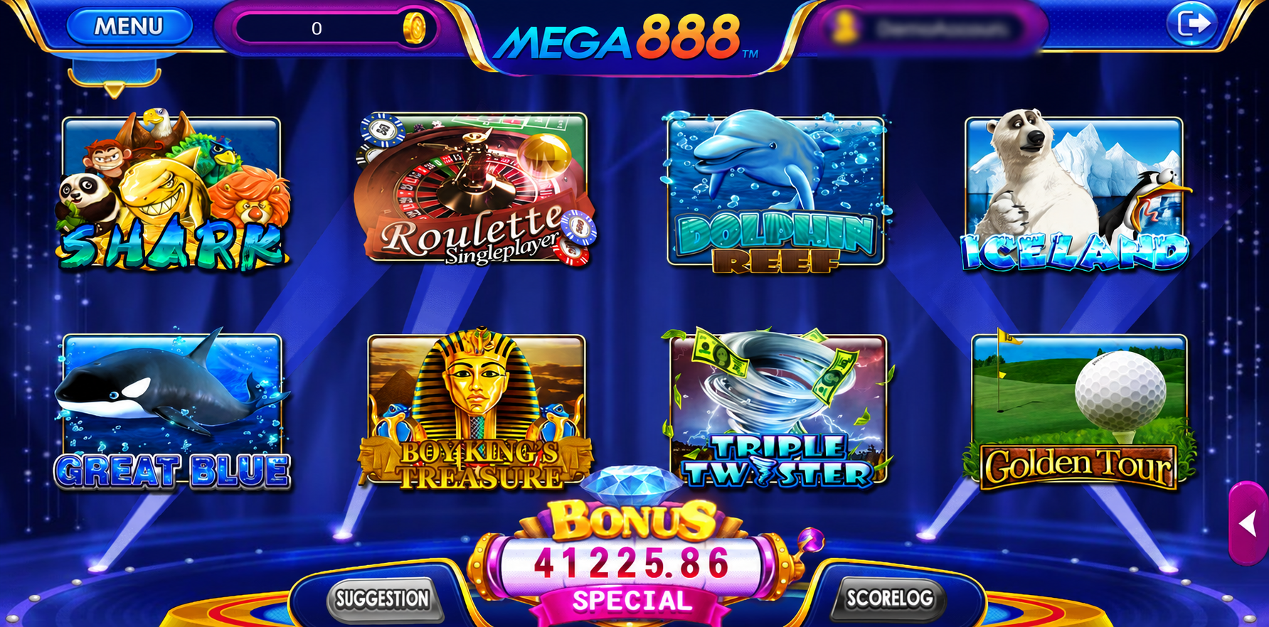 Mega888 game lobby showing slot, roulette, fishing and arcade games